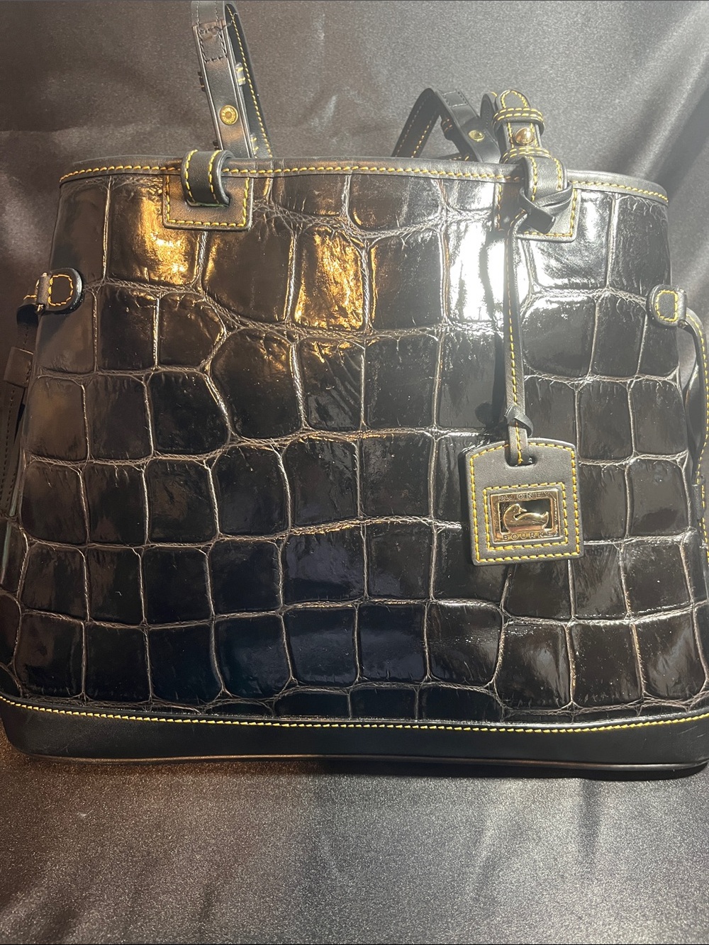 Dooney & Bourke Black Croc-Embossed Tote with Yellow Stitching